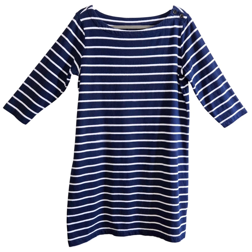 Lands End Navy White Striped Cotton Boat Neck Shift Dress Large Petite L/P 14-16